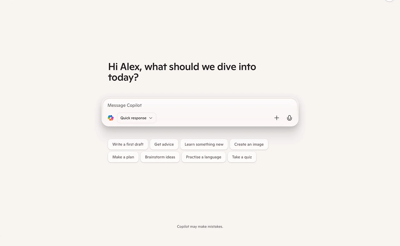 Microsoft Copilot home screen with prompt suggestions and common tasks.
