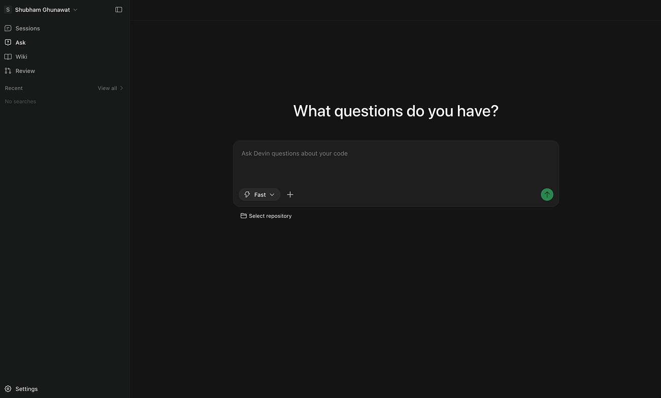 Devin agent interface with a minimal natural-language input.