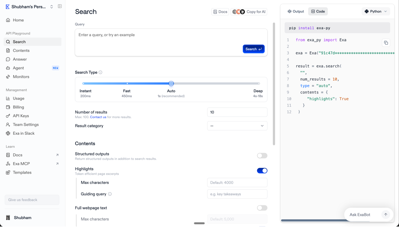 Exa API playground with search settings and a live code preview.