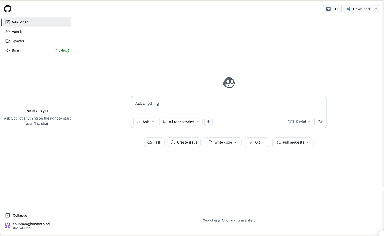 GitHub Copilot workspace with suggested actions like Write code, Create issue, and Pull request.