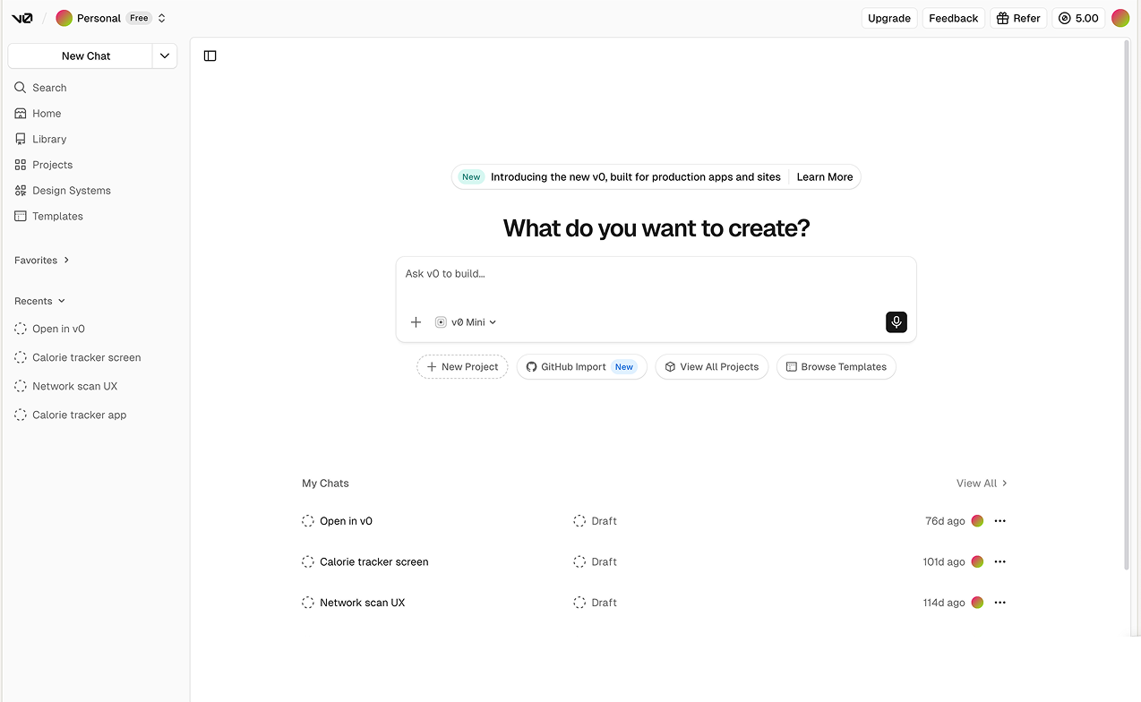 v0 starting experience with templates, previous projects, and GitHub import.