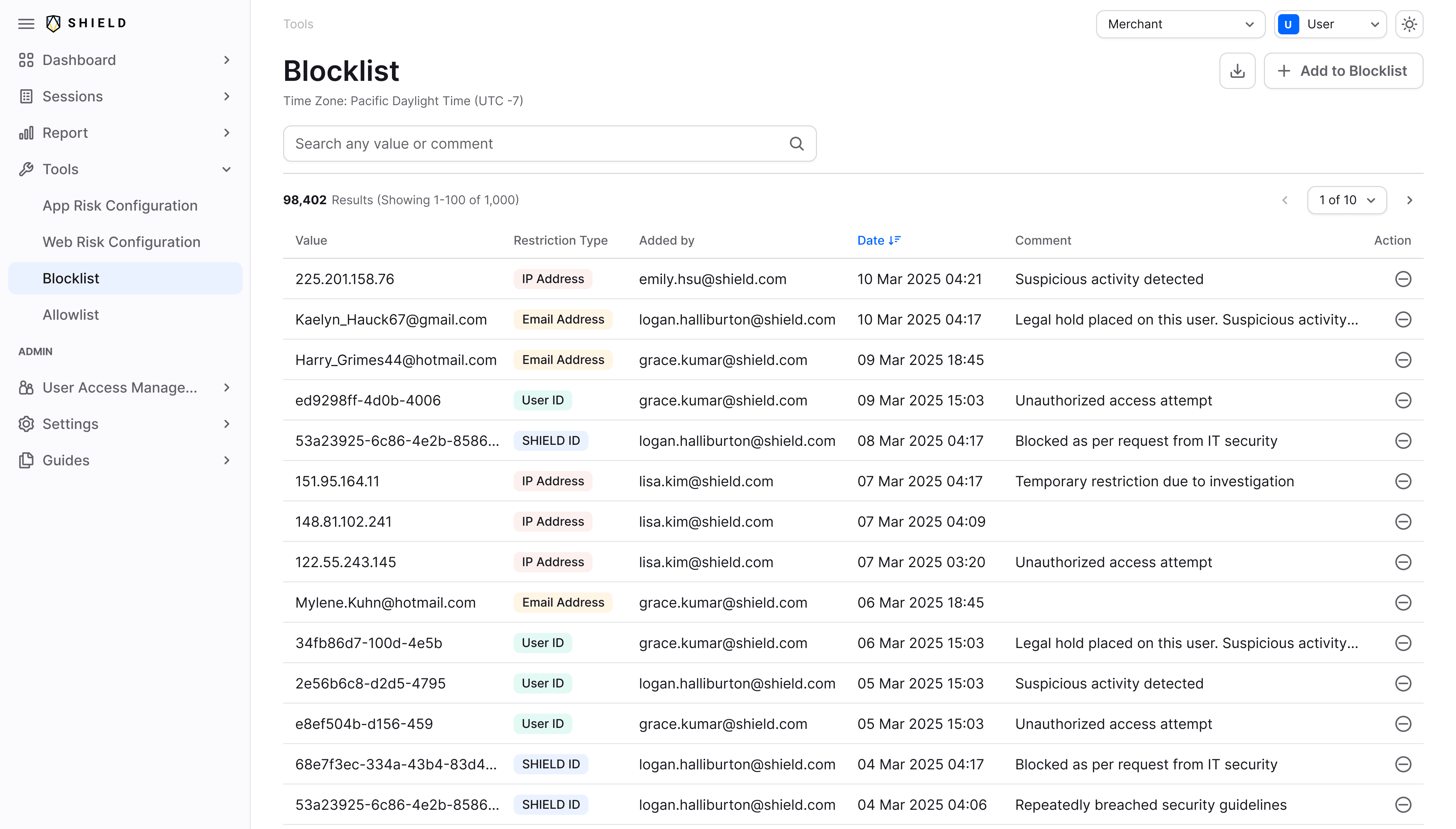 SHIELD blocklist screen after shared Luna components and tokens.