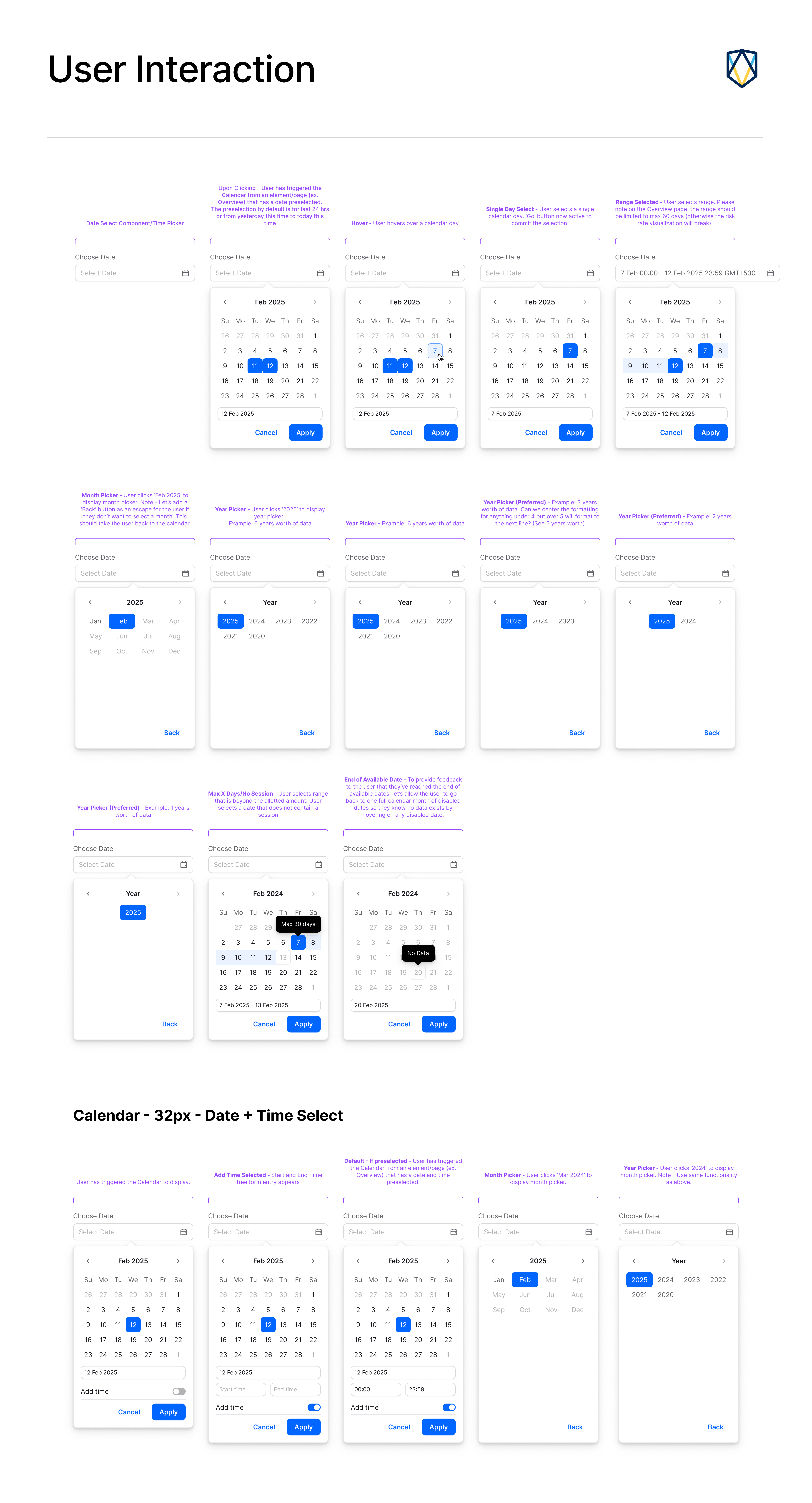 Calendar interaction patterns documented in Figma.