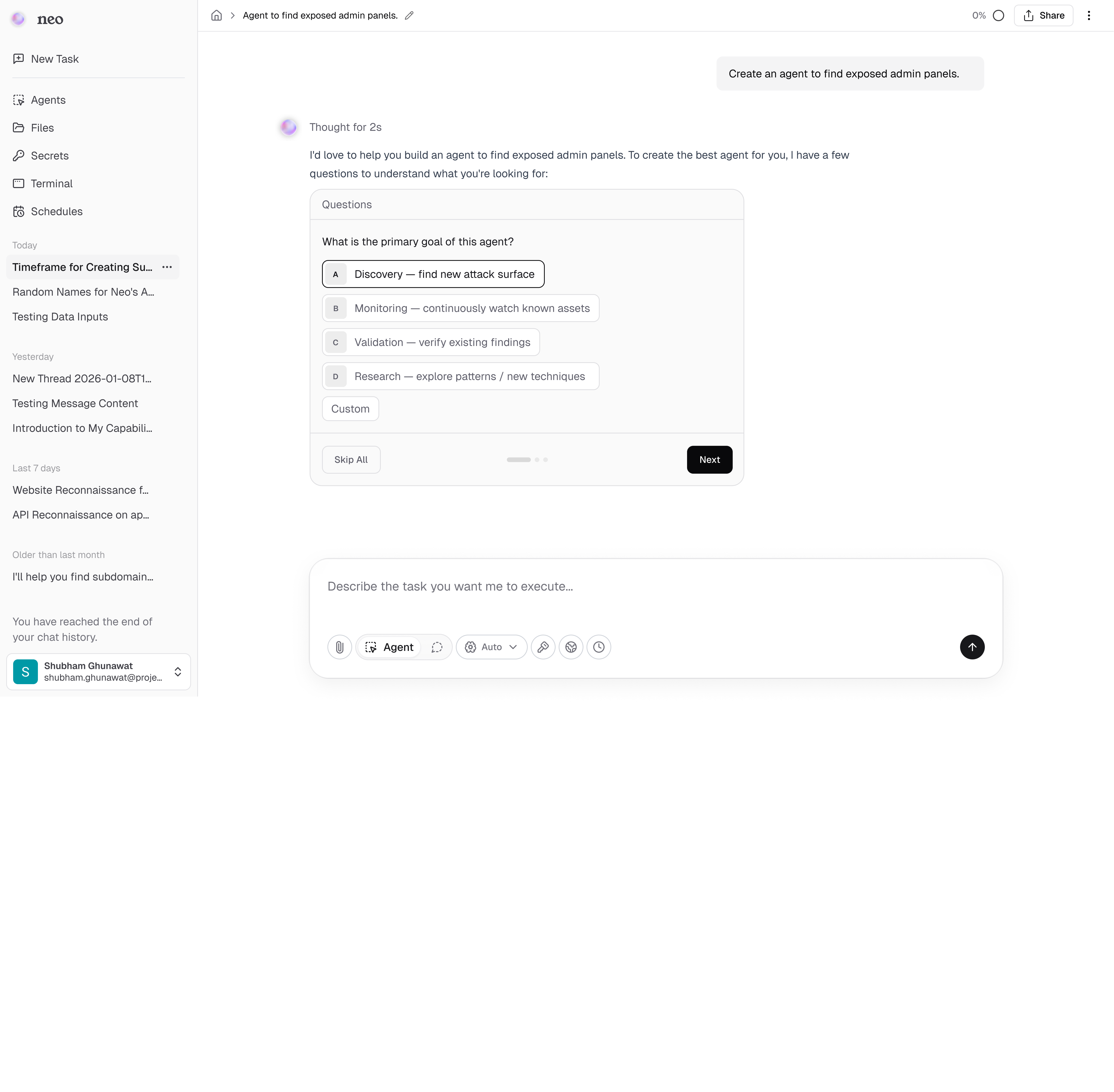 Neo agent builder questionnaire flow
